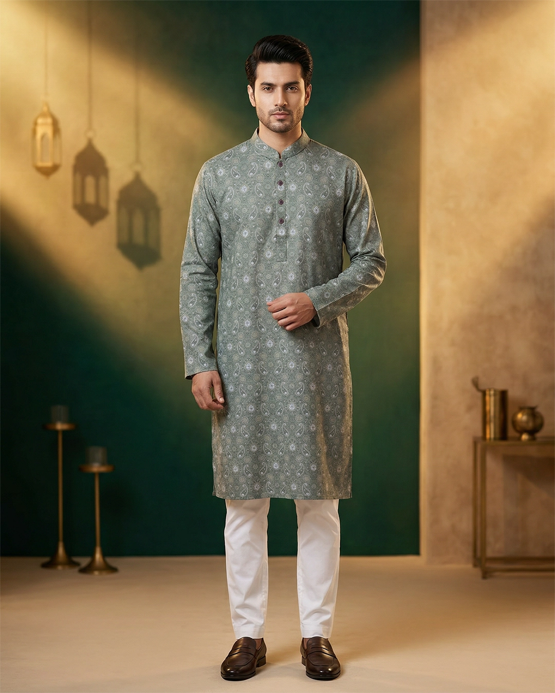 DEEN Green Printed Semi Formal Panjabi - Image 2