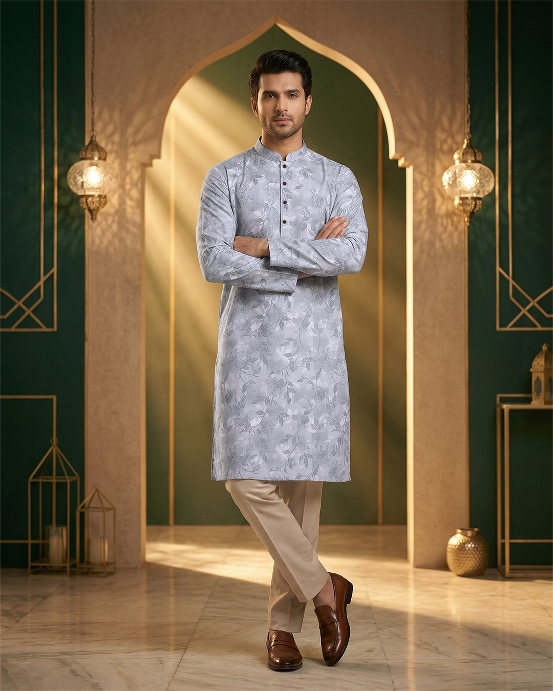 DEEN Ivory Floral Semi Formal Panjabi - Image 2