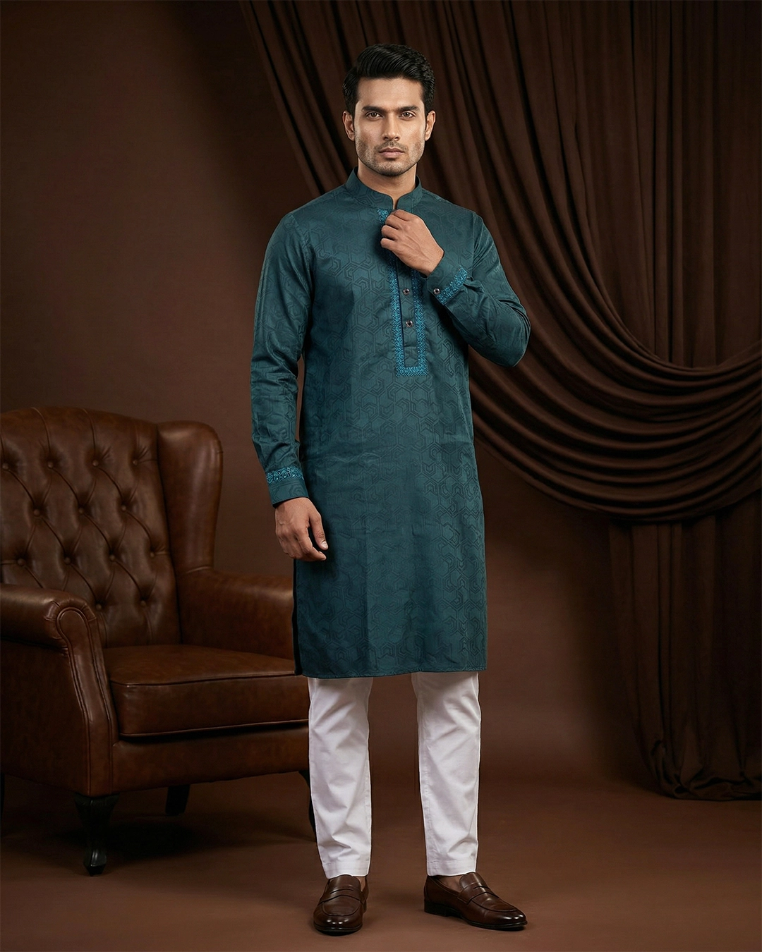 DEEN Teal Blue Embroidered Panjabi - Image 2